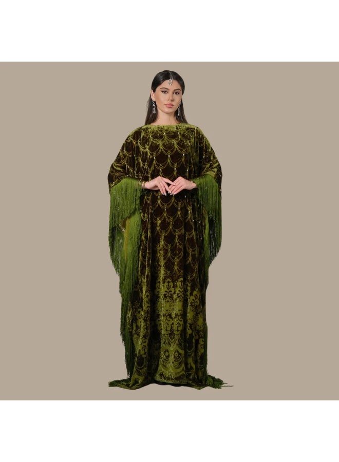 QABEELA RAM25 MOSS GREEN DEVORE KAFTAN - Image 1